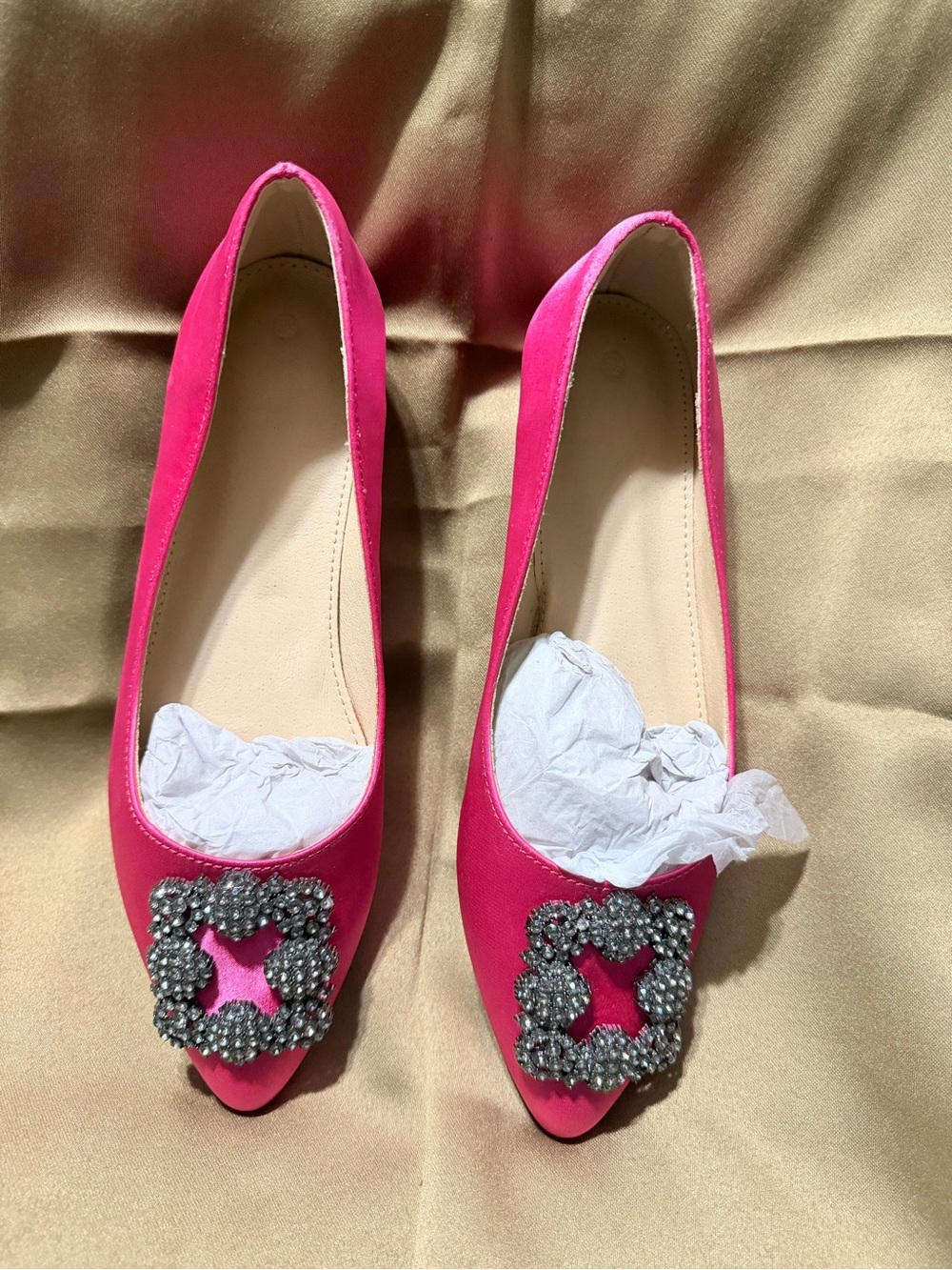 Bright Pink Satin Pointed-Toe Flats with Crystal Buckle
